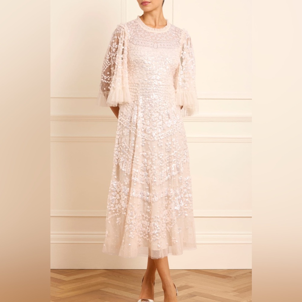 Needle & Thread Blush Pink Midi Dress with Embellished Lace